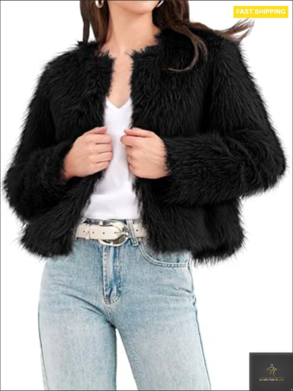 Faux Fur Cropped Jacket Open Front Long Sleeve Outerwear Chic Y2K - Picture 5 of 7